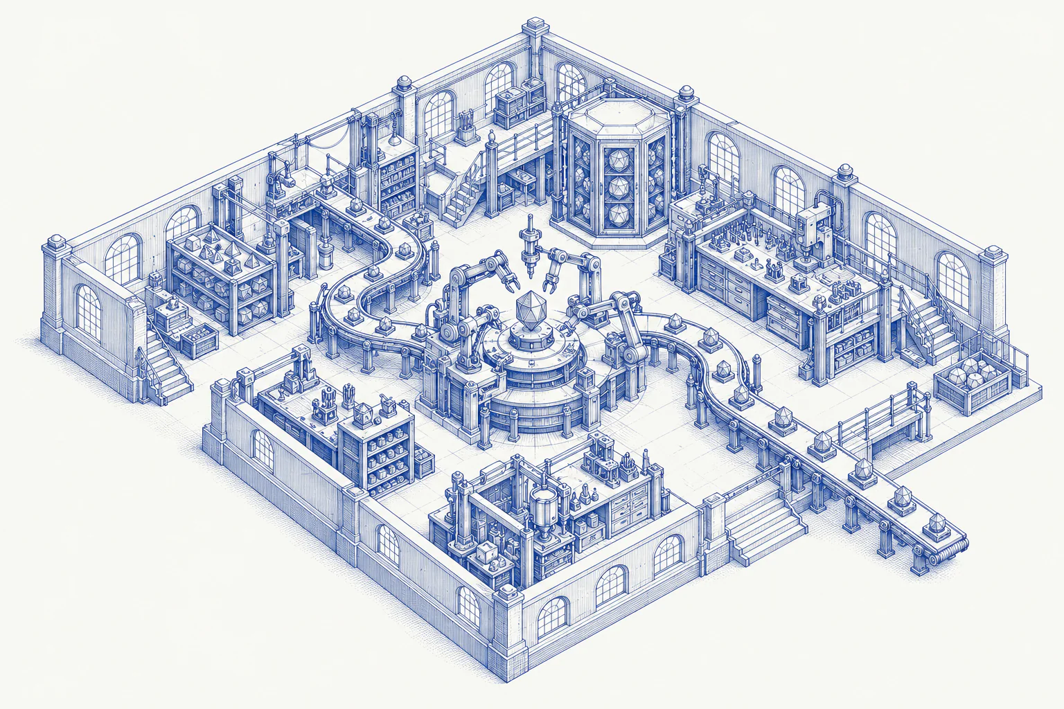 The agent workshop: a detailed sapphire architectural engraving of Eragon’s agents world