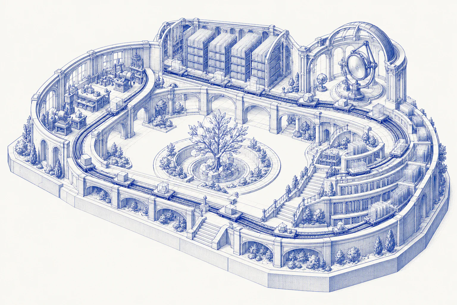 The learning observatory: a detailed sapphire architectural engraving of Eragon’s learning world