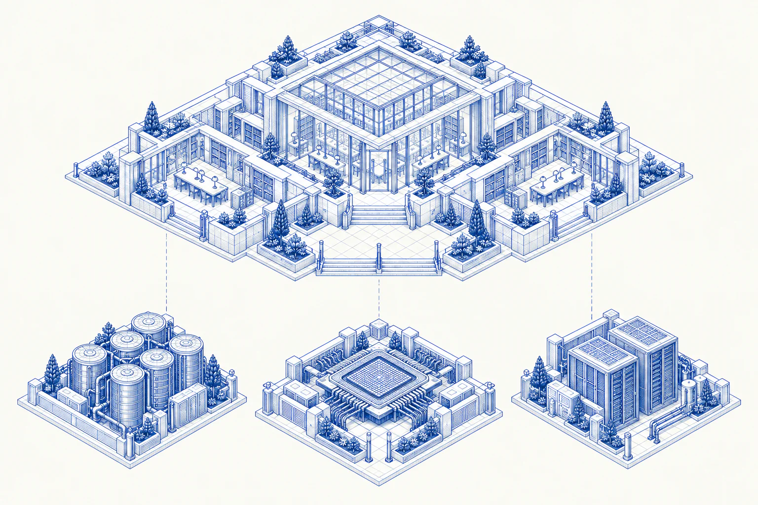 An intelligence library remains intact above three separate, replaceable foundations: data archives, models and compute.